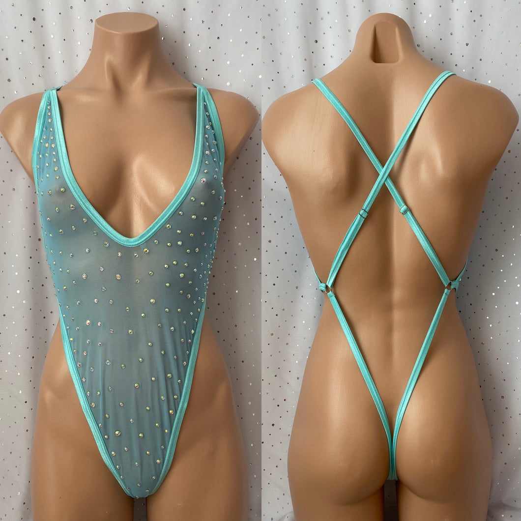 Baby blue rhinestone one piece